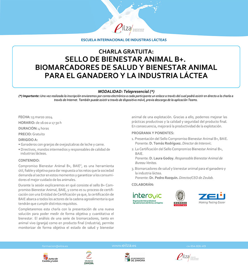 Charla gratuita: Sello de bienestar animal B+. Biomarcadores de salud y bienestar animal para el ganadero y la industria láctea